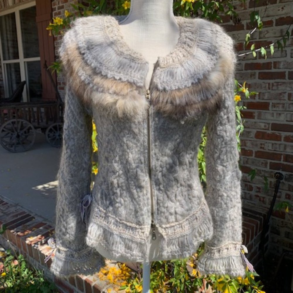 TRICOT CHIC italian Designer Cardigan with real fur Size S/M